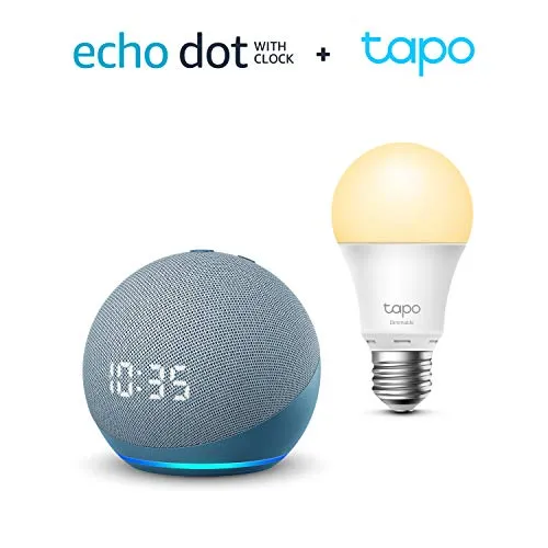 All-new Echo Dot (4th generation) with clock, Twilight Blue   TP-Link Tapo smart bulb (E27), Works with Alexa