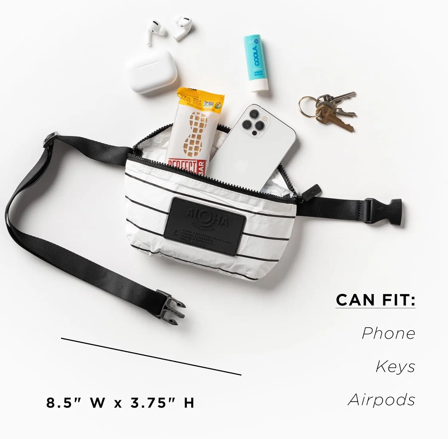 ALOHA Collection White Mini Hip Pack, Lightweight, Packable, & Splash-Proof - Durable, Washable, & Reusable Fanny Pack for Gym, Beach & Travel, Easy to Clean Material (8.5" x 3.75")