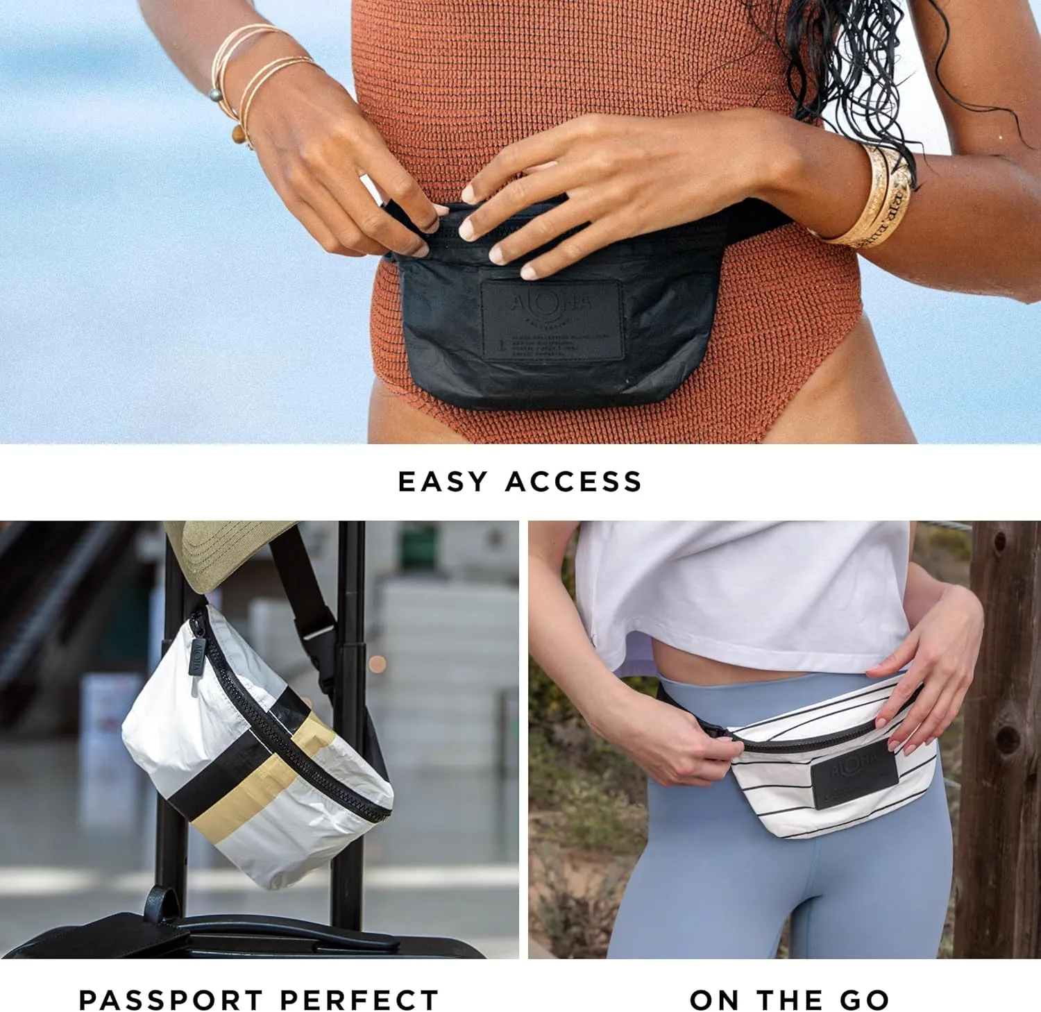 ALOHA Collection White Mini Hip Pack, Lightweight, Packable, & Splash-Proof - Durable, Washable, & Reusable Fanny Pack for Gym, Beach & Travel, Easy to Clean Material (8.5" x 3.75")