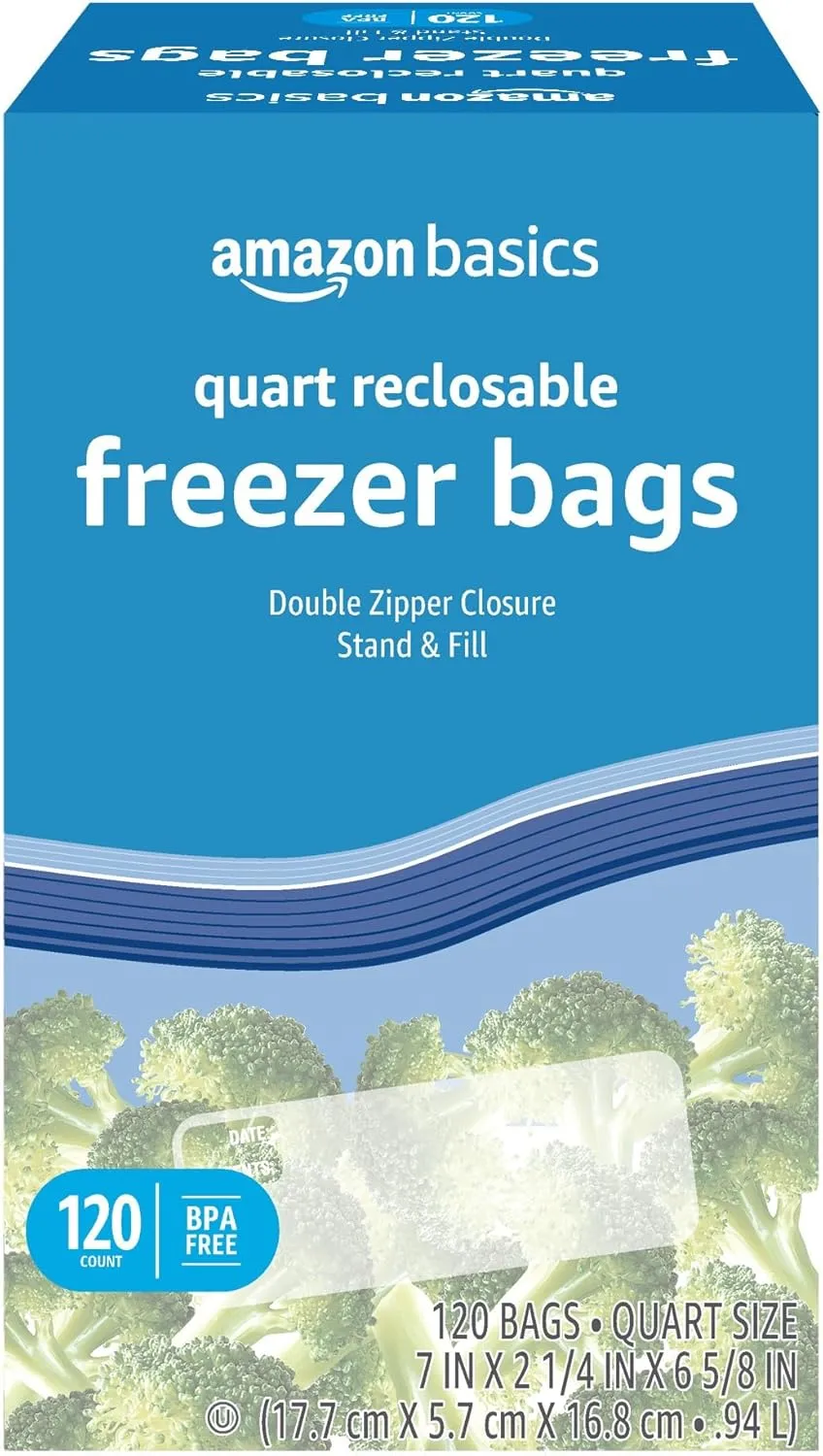 Amazon Basics Reclosable Freezer Quart Bags, BPA Free, 120 Count (Previously Solimo)