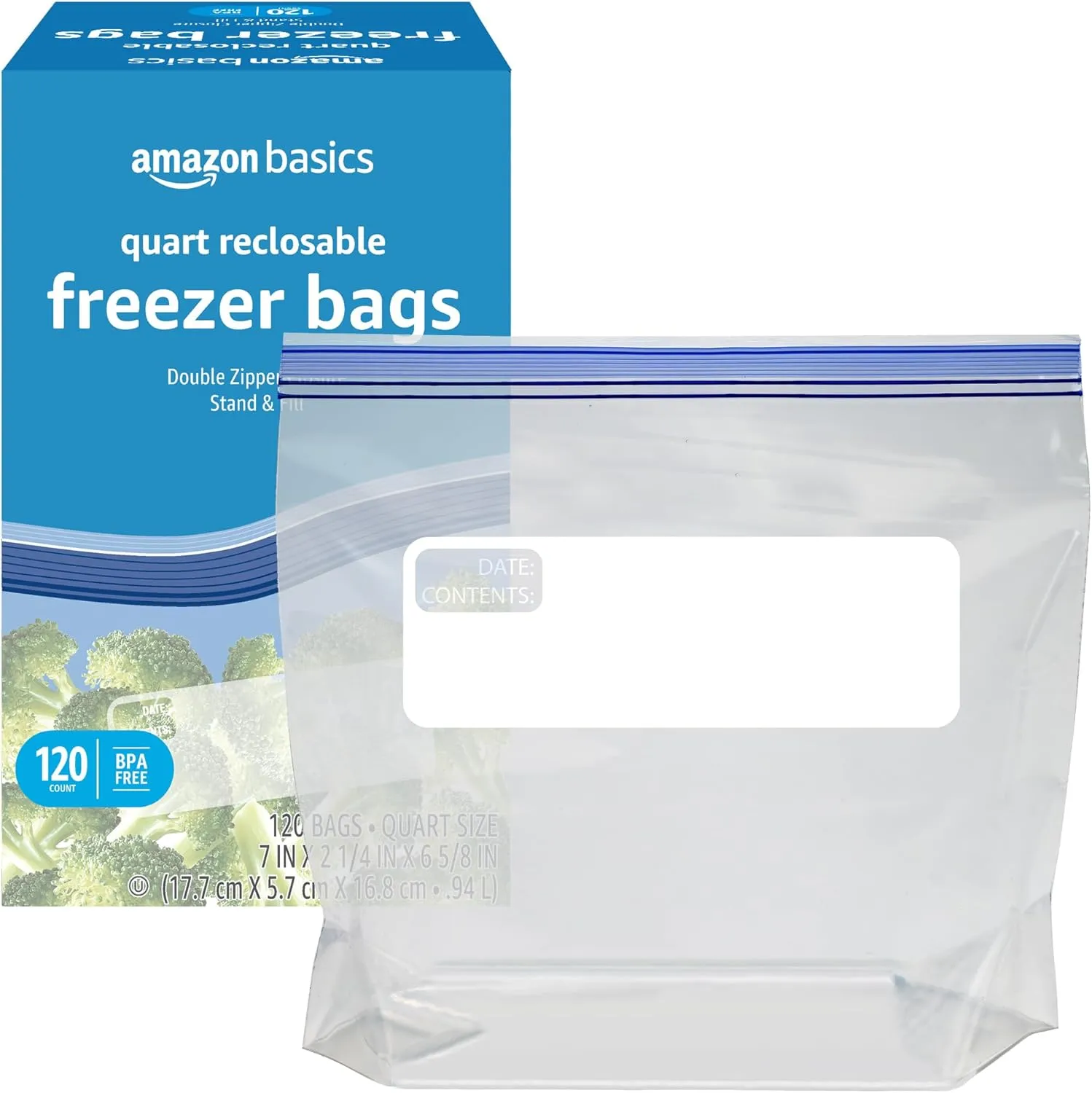 Amazon Basics Reclosable Freezer Quart Bags, BPA Free, 120 Count (Previously Solimo)