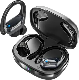 Catitru Wireless Earbuds Bluetooth Headphones 80H Playback Ear Buds Power Display with Noise Canceling Mic with Earhooks for Sports/Workout - Black