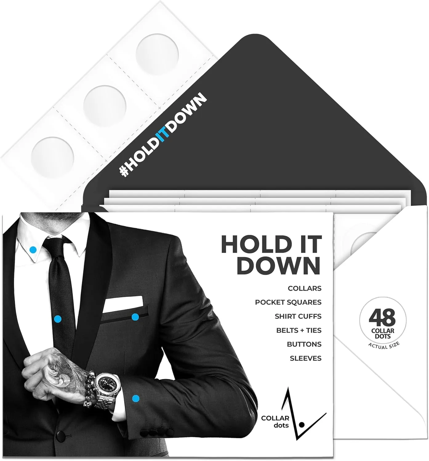 Collar Dots Collar Stays for Mens Dress Shirts & Polos. Fashion Hack for Plastic, Metal, & Magnetic Collar Stay 24hr Hold