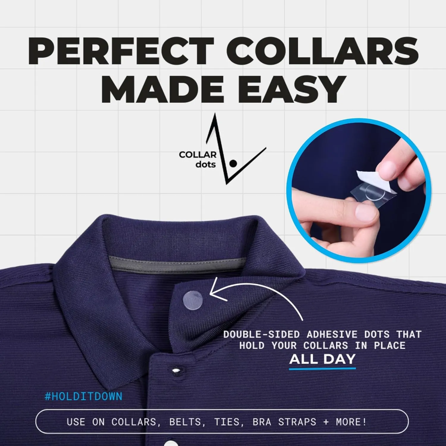 Collar Dots Collar Stays for Mens Dress Shirts & Polos. Fashion Hack for Plastic, Metal, & Magnetic Collar Stay 24hr Hold