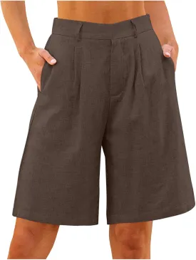 Cotton Linen Womens Bermuda Shorts Dressy Wide Leg Summer Shorts Pleated High Waisted Baggy Knee Length Short Pants