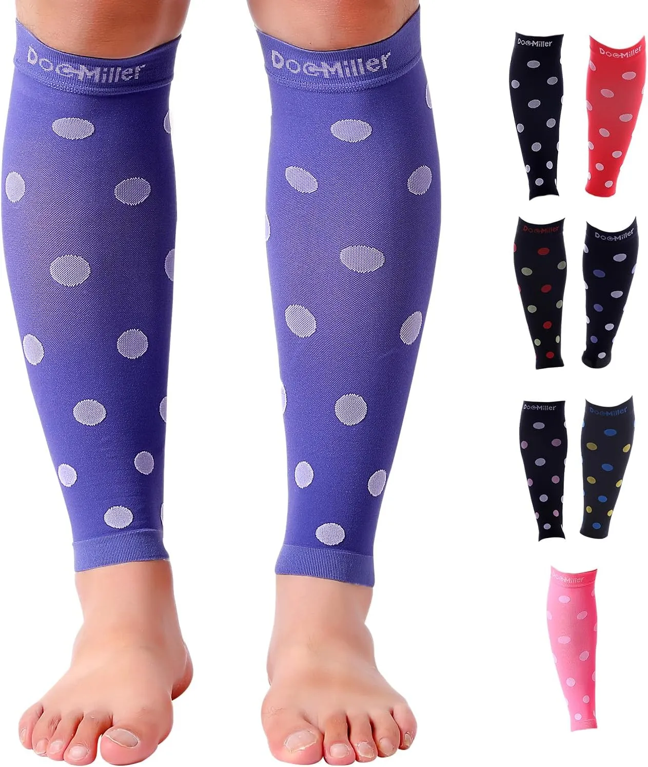 Doc Miller Calf Compression Sleeve  Footless Socks for Women & Men, 20-30mmHg, Shin Splint & Leg Cramp Support, Varicose Veins, Knee High, 1 Pair, Polka Dot