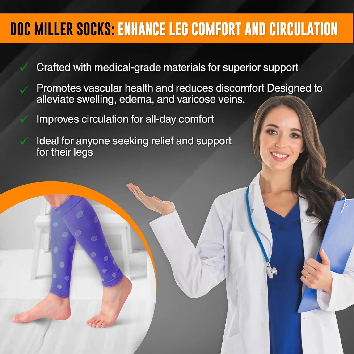 Doc Miller Calf Compression Sleeve  Footless Socks for Women & Men, 20-30mmHg, Shin Splint & Leg Cramp Support, Varicose Veins, Knee High, 1 Pair, Polka Dot