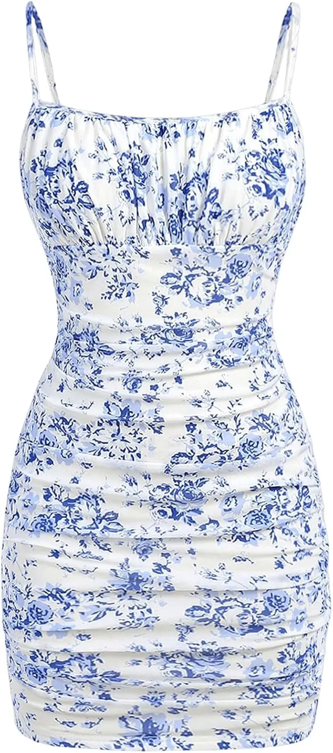 Floerns Girl's Floral Print Spaghetti Strap Bodycon Dress Mesh Ruched Cami Mini Dress