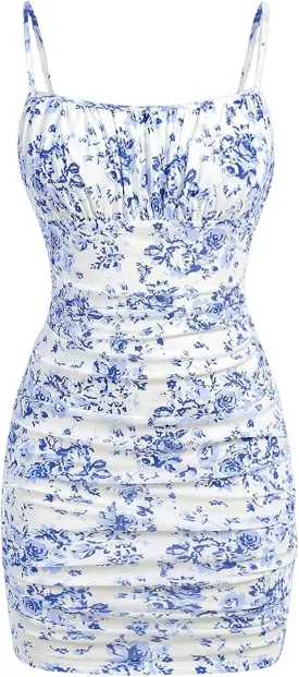 Floerns Girl's Floral Print Spaghetti Strap Bodycon Dress Mesh Ruched Cami Mini Dress