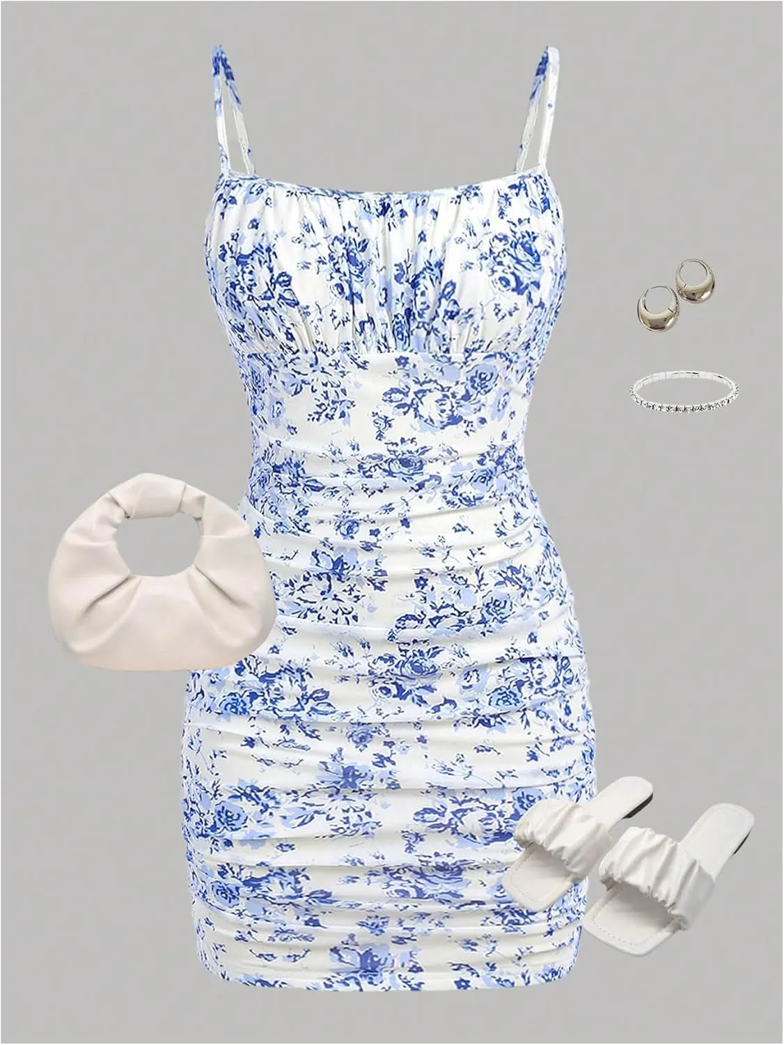 Floerns Girl's Floral Print Spaghetti Strap Bodycon Dress Mesh Ruched Cami Mini Dress
