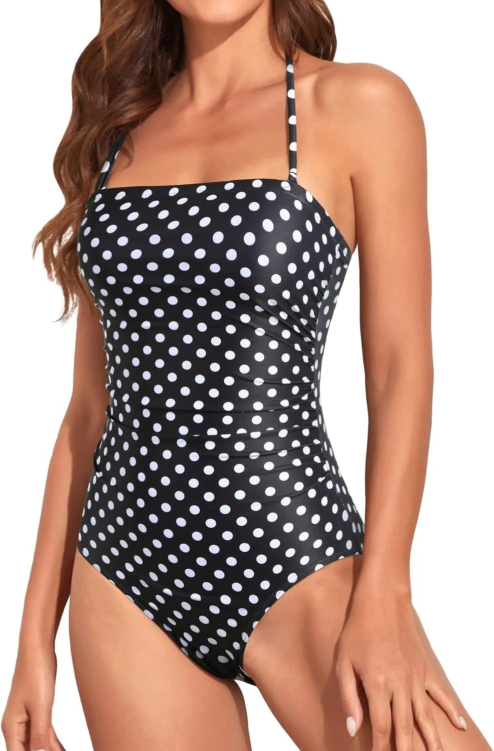 Holipick Women Tummy Control One Piece Swimsuits Strapless Bandeau Bathing Suits Slimming Halter Swimwear