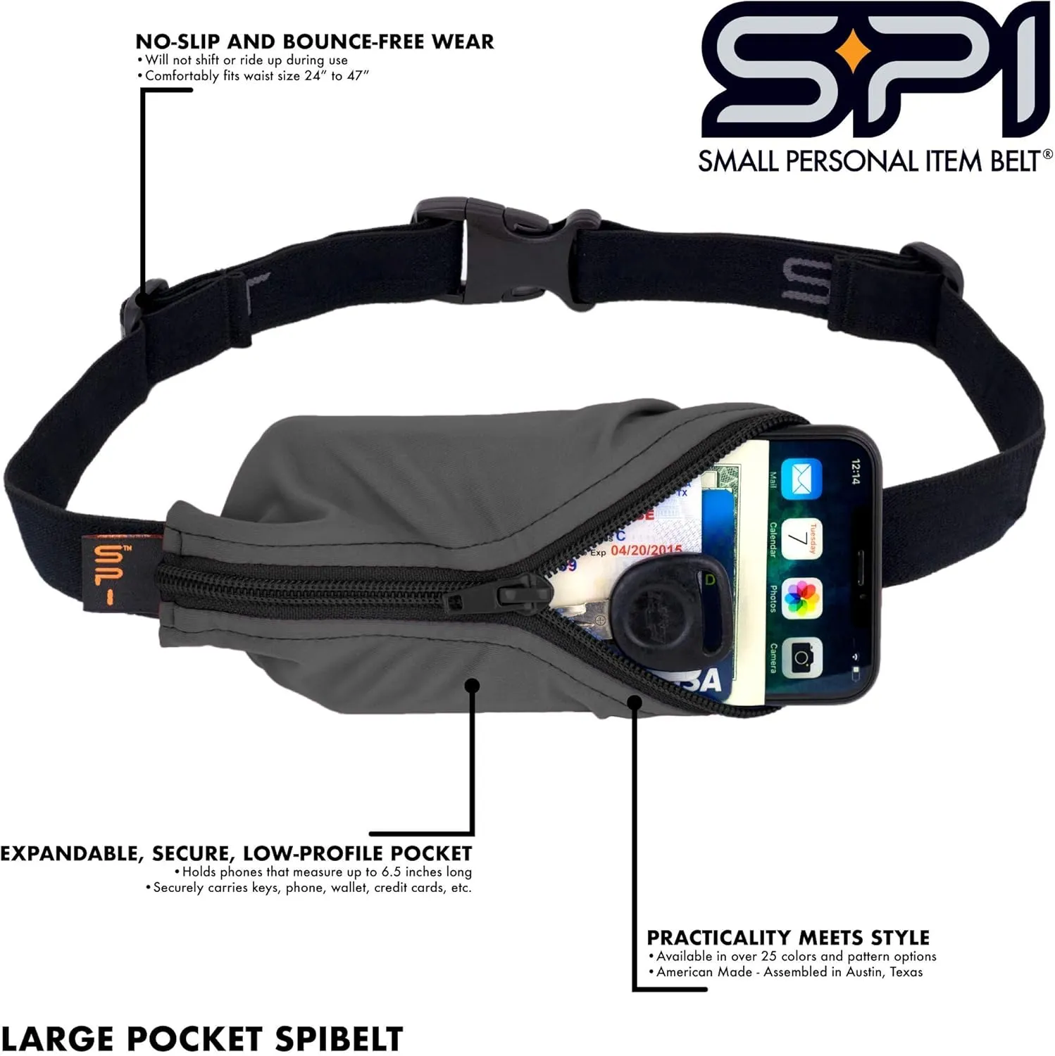 SPIbelt Original Pocket Running Belt for Women Men, Phone Holder for Running, Running Fanny Pack, Holder for Phone, Running Waist Pack, Expandable, Adjustable. Rave with Black Zipper