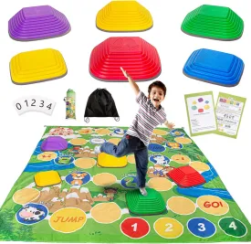 Stepping Stones for Kids, 2 in 1 Toddler Stepping Stones with Play Mat, 6pcs Non-Slip, Balance and Coordination Stepping Stone for Indoor & Outdoor