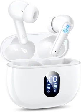 Wireless Earbuds, Bluetooth Ear Buds with Big Bass Stereo Sound, 48 Hours Playtime, Lightweight in-Ear Fit Earphones, IPX7, Hands-Free Calls with AI for iPhone, Android, Pad, Sports, Workout White