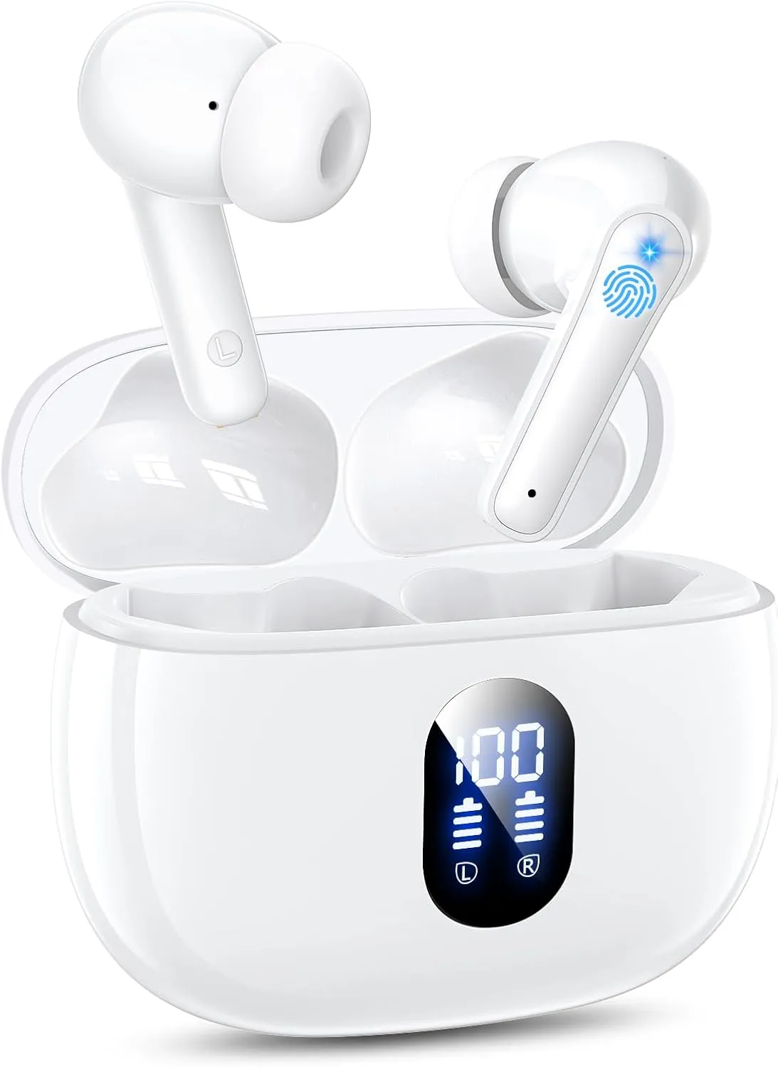 Wireless Earbuds, Bluetooth Ear Buds with Big Bass Stereo Sound, 48 Hours Playtime, Lightweight in-Ear Fit Earphones, IPX7, Hands-Free Calls with AI for iPhone, Android, Pad, Sports, Workout White