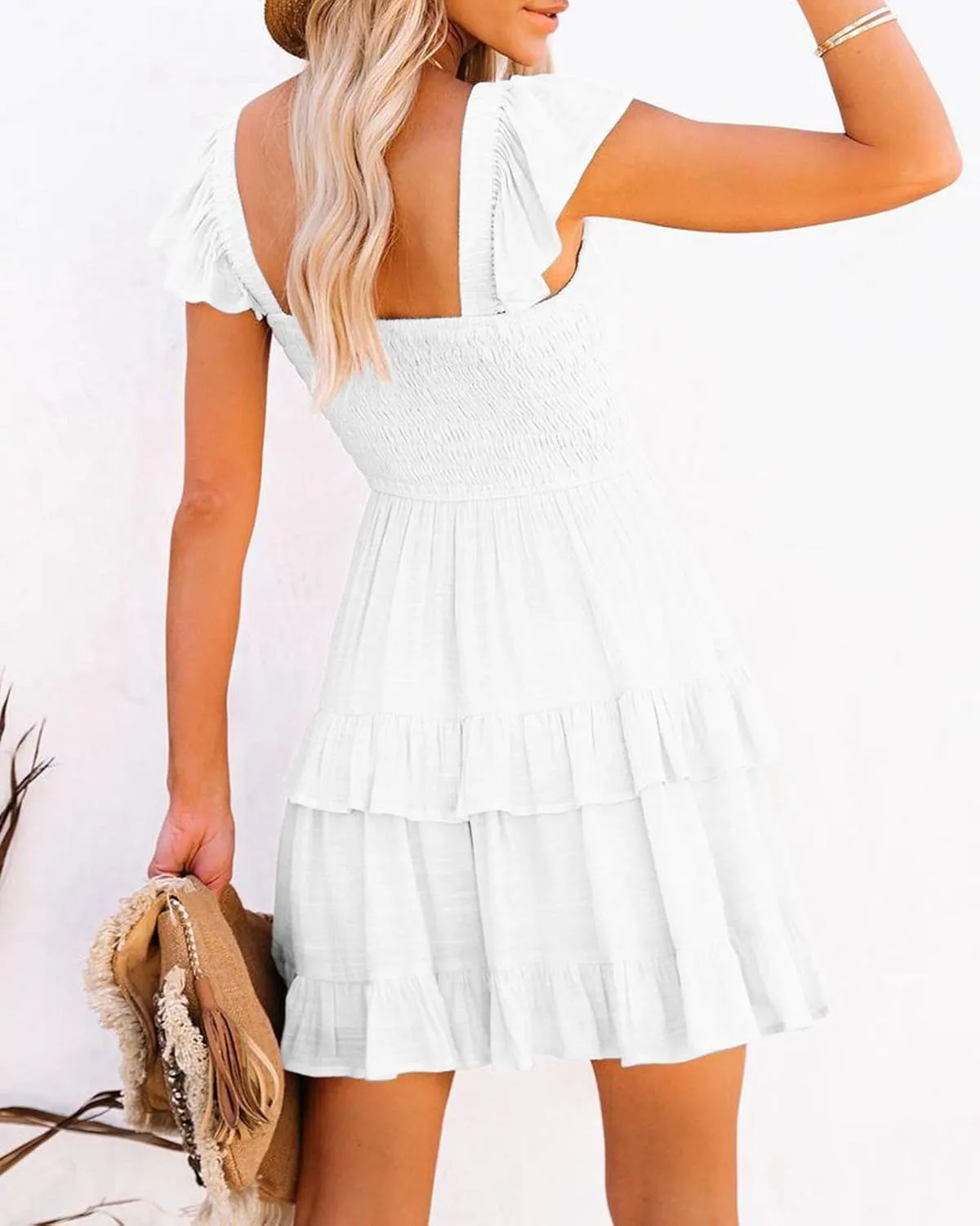 Women Summer Dresses Casual Boho Smocked Ruffle Sun Beach Babydoll Mini Dress Layered Flowy Swing Dress