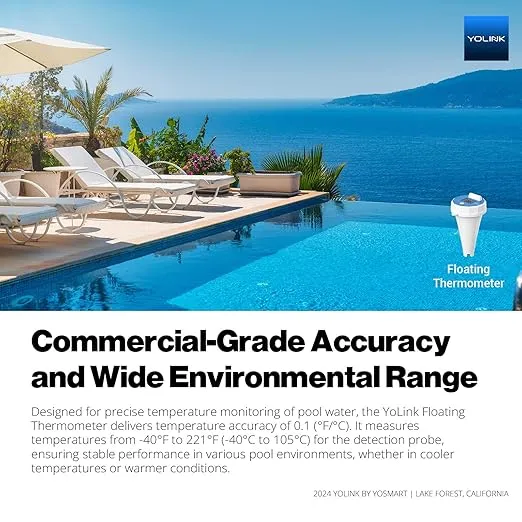 YoLink Smart Pool Floating Thermometer, 1/4 Mile Range, 5  Years Battery Life, Emails, Text, App Alerts, Alexa, IFTTT. Pool, Hot Tub, Fish Tank. Hub Required!